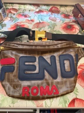 Fendi Brown Monogram Belt Bag with Navy and Red Logo Appliqués